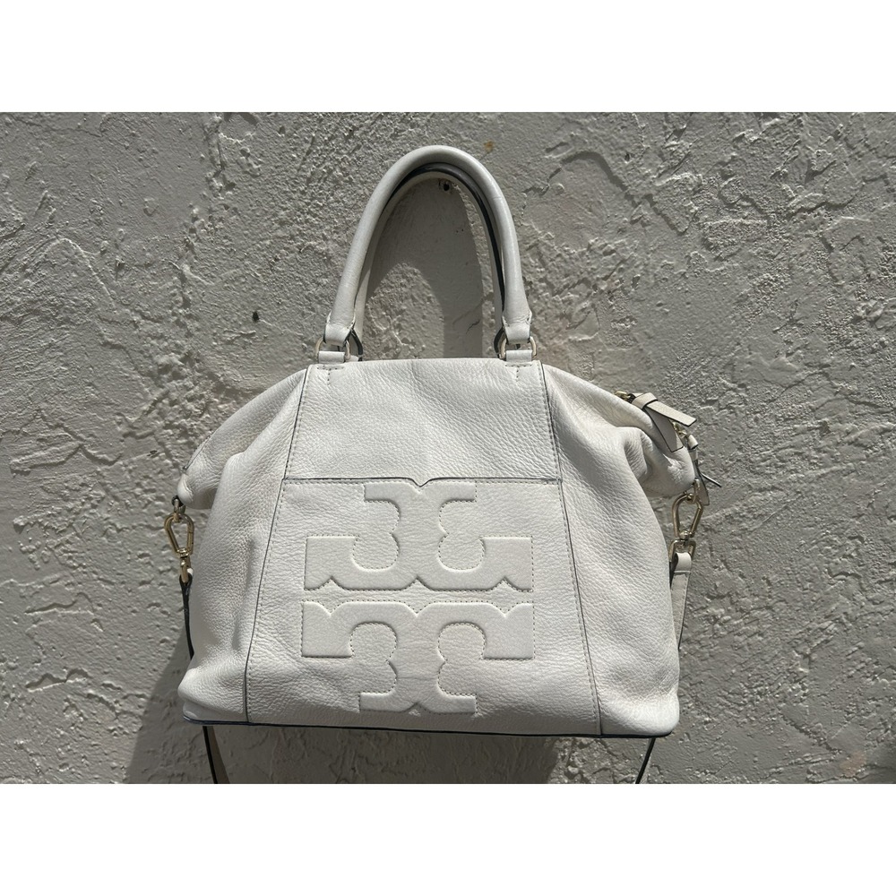 Tory Burch Amanda Satchel Off White Pebbled Leather Crossbody Bag Logo Handbag